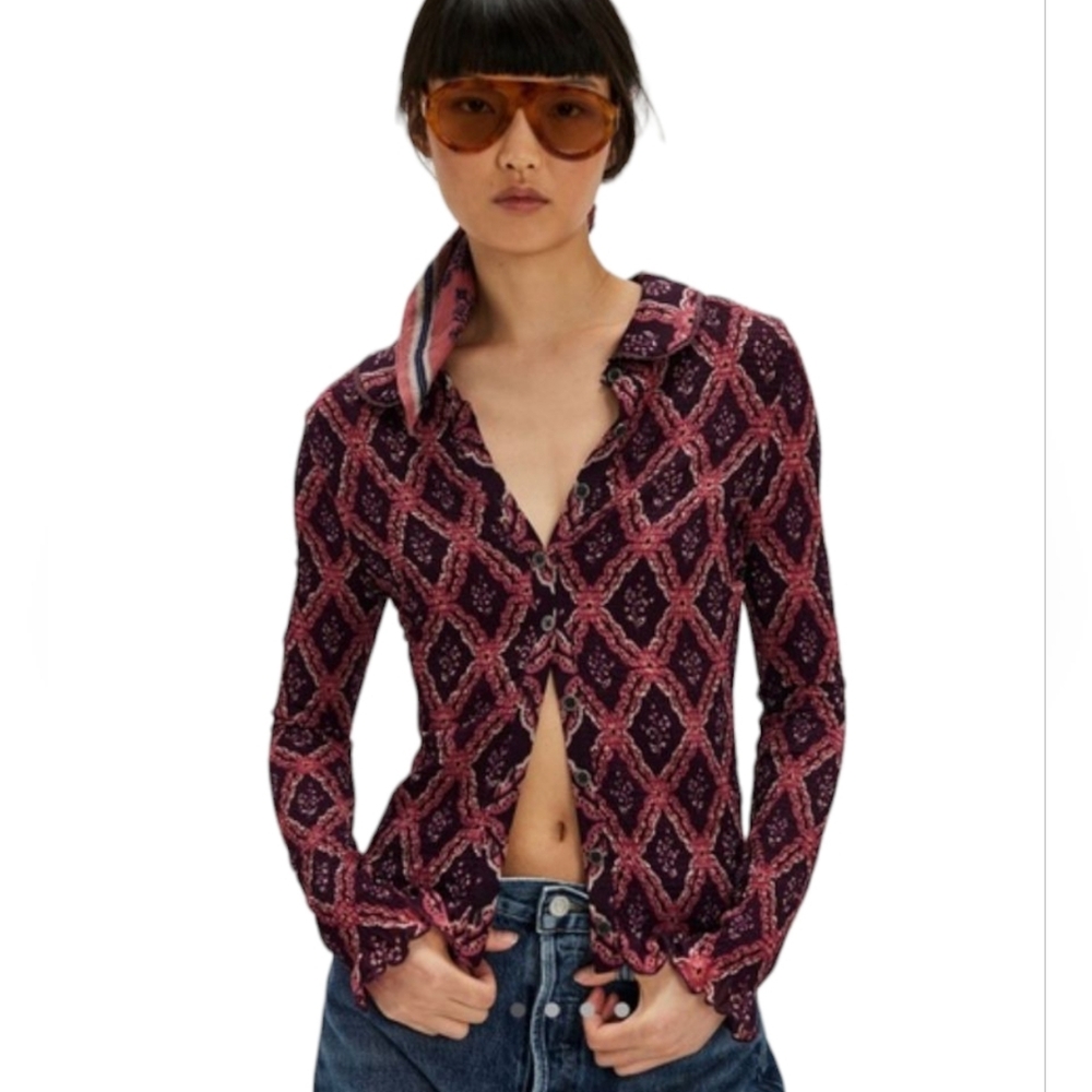 NWT Free People Elegant Women's Burgundy Patterned Button-Down Shirt